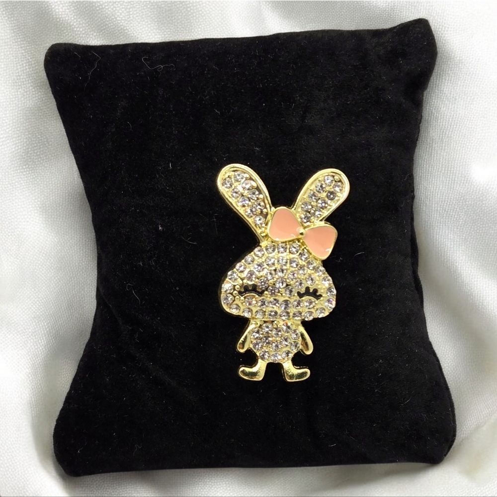 Cute Rabbit Brooch Pink Bow Rhinestone Bunny Pin Shiny Gold Easter Jewelry NWT